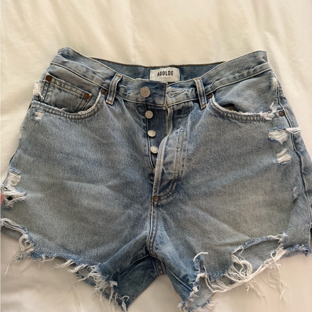 Agolde Blue Distressed Jean Shorts High-Waisted